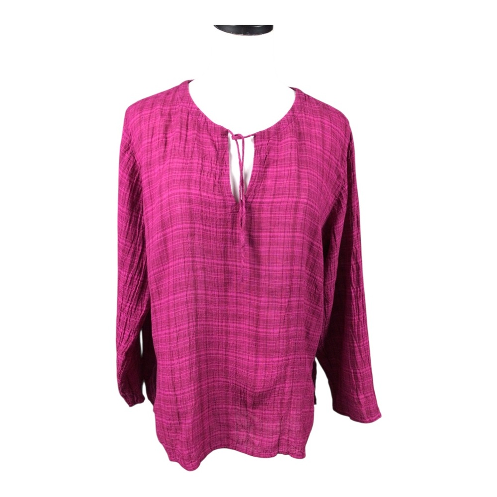 Eileen Fisher Magenta Tie-Neck Long Sleeve Tunic Top Sm 100% Organic Cotton